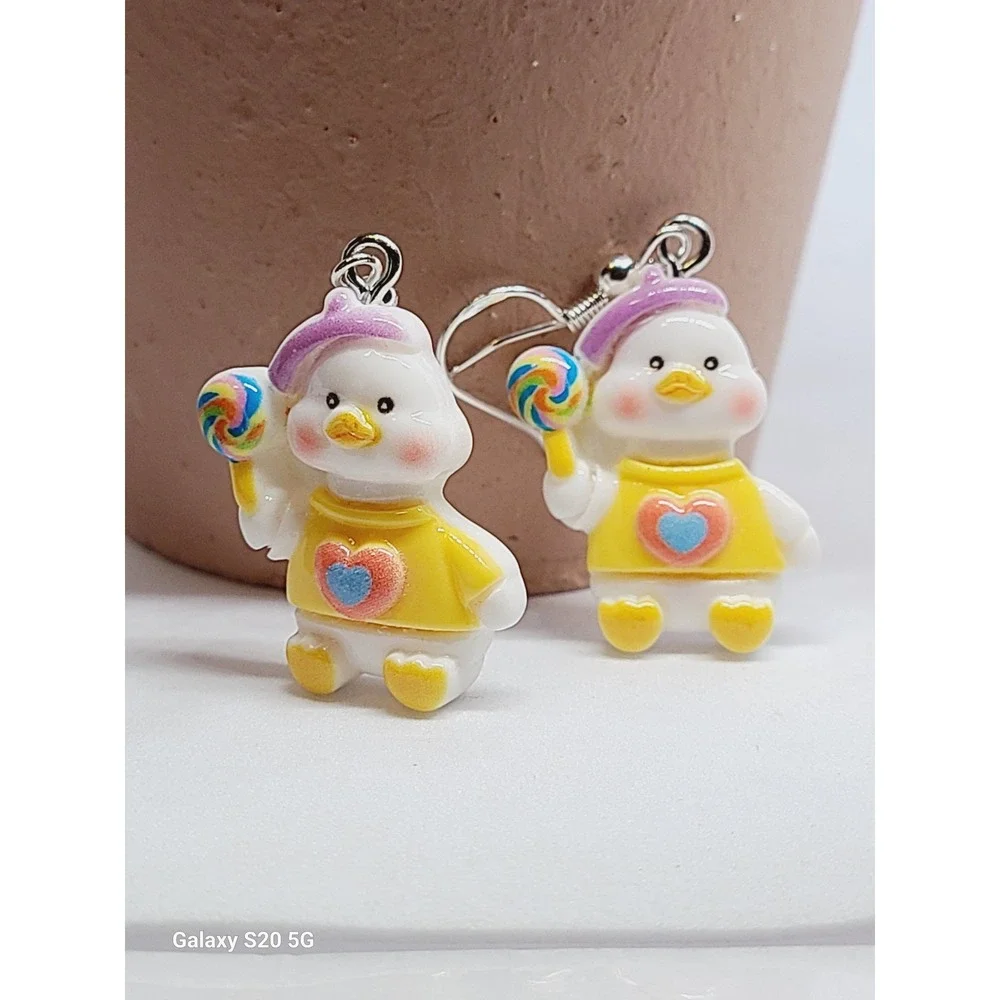 Handmade Duck with Lollipop Resin Drop‎ Earrings Yellow Heart Sweater Novelty